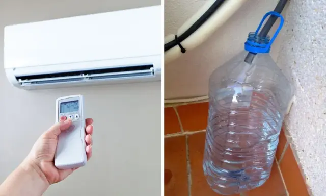 Aire acondicionado con mando a distancia y una botella recogiendo el agua del aire acondicionado es destilada.