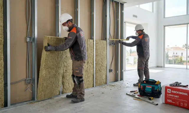 Dos obreros instalan aislamiento de lana de roca en una pared interior. Se ven herramientas y una caja de Rockwool.