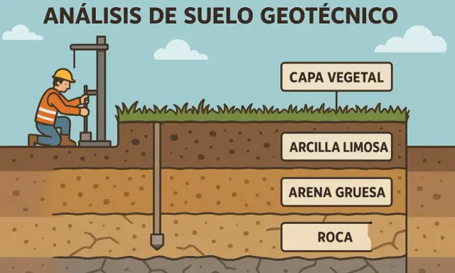 Un trabajador realiza un estudio geotecnico, perforando el suelo para analizar capas de vegetación, arcilla limosa, arena gruesa y roca.