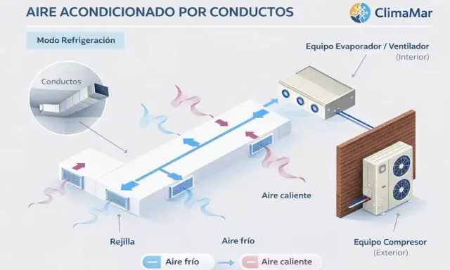 Esquema de aire acondicionado por conductos en modo refrigeración. Muestra el equipo interior y exterior, conductos, rejillas y flujo de aire frío y caliente.