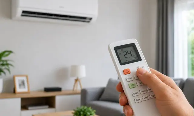 Mano ajustando la temperatura de consigna del aire acondicionado a 24°C con el mando a distancia.