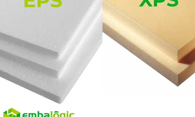 Planchas de poliestireno expandido (EPS) blanco y extruido (XPS) amarillo, ejemplos de materiales de embalaje.