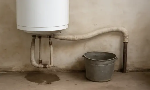 Un termo pierde agua por arriba, mojando el suelo y un cubo metálico espera bajo la tubería.