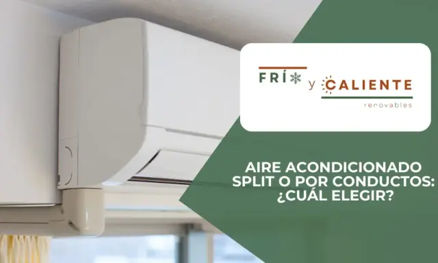 Un aire acondicionado split, moderno y blanco, montado en la pared. El logo "Frí y Caliente" aparece junto al texto "¿Qué es split aire acondicionado?".
