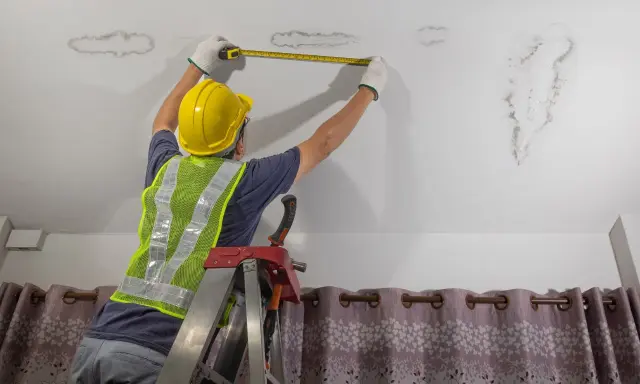 Un trabajador con casco mide manchas de humedad en el techo, evaluando los tipos de grietas y daños.