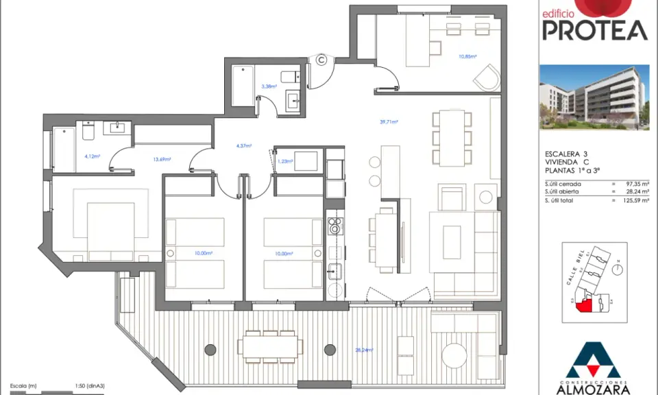 Plano de una casa con orientación norte. Muestra distribución de habitaciones, terraza y medidas.