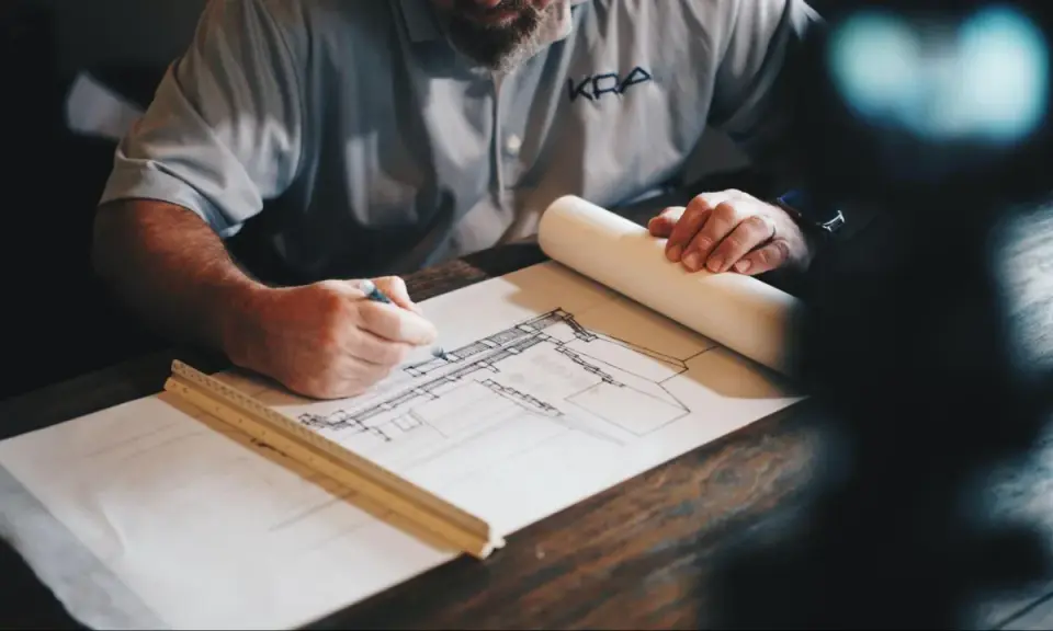 Arquitecto dibuja planos detallados, calculando la superficie edificable para un nuevo proyecto.