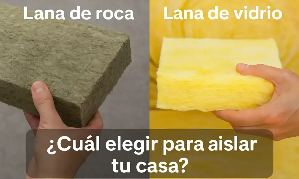 Mano sostiene un bloque de lana de roca aislante, verde grisáceo, junto a un bloque de lana de vidrio amarilla.