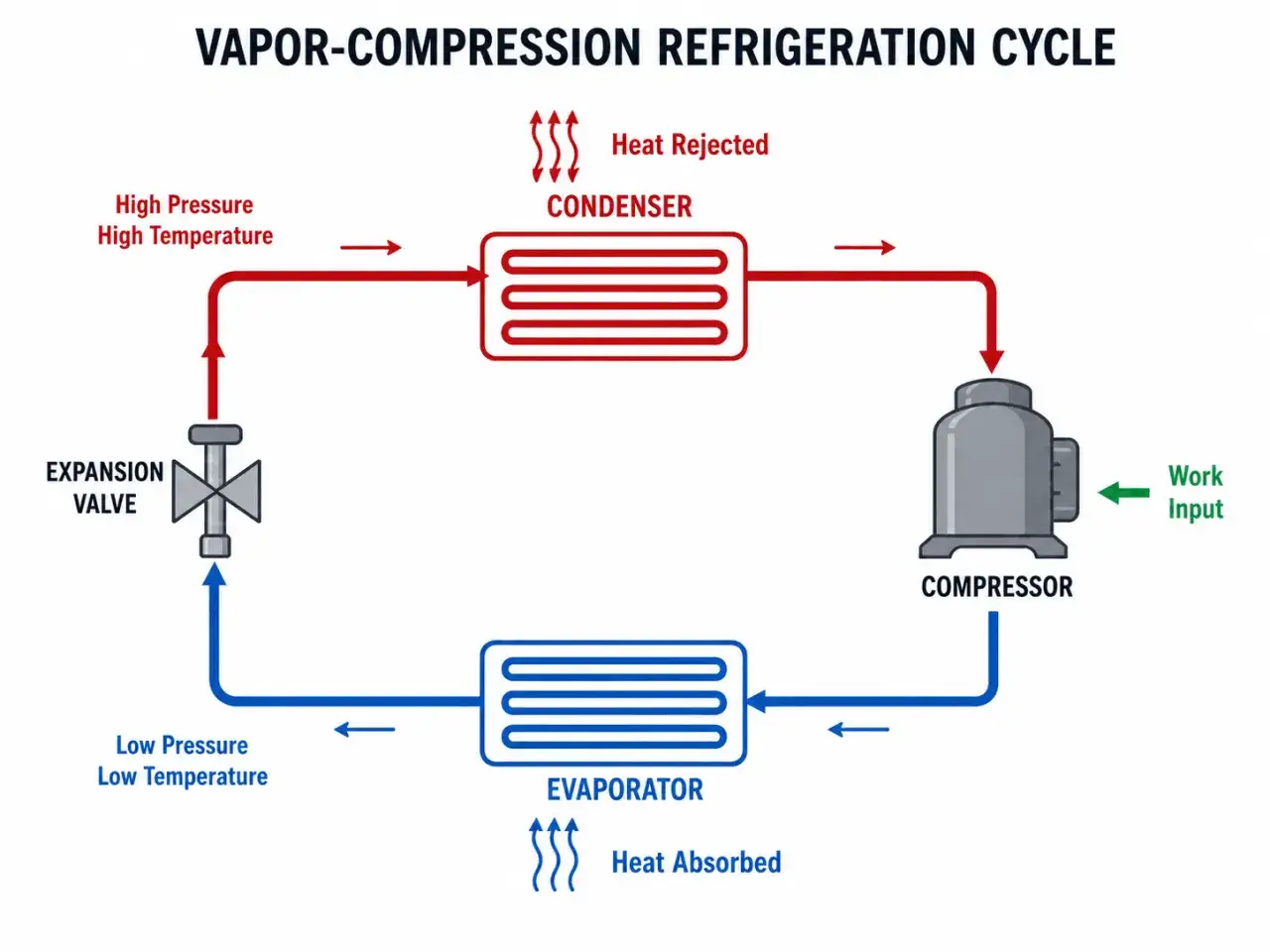 Diagrama del ciclo de refrigeración por compresión de vapor. El compresor recibe gas a baja presión y lo comprime a alta presión y temperatura.