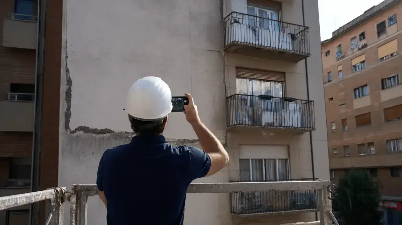 Un inspector con casco blanco toma fotos de una fachada dañada. ¿Qué es el ITE? Es la inspección técnica de edificios.