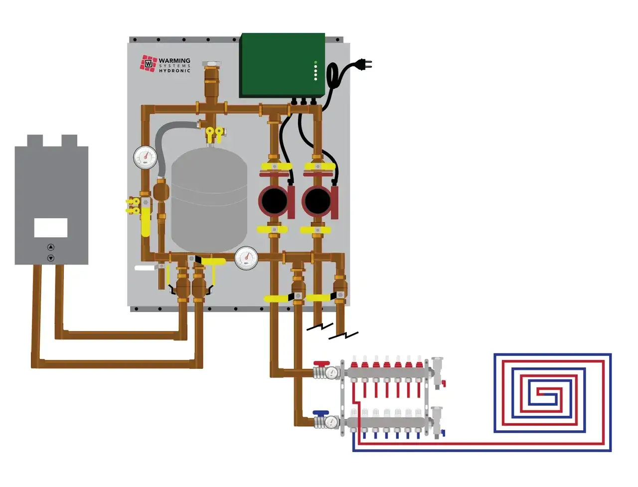 Sistema hidrónico con caldera, bomba y colector para convertir suelo radiante en refrescante.