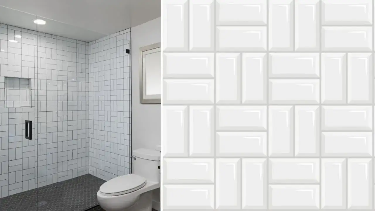 Ducha moderna con azulejos blancos en junta corrida y suelo de mosaico oscuro. A la derecha, detalle de los azulejos blancos.