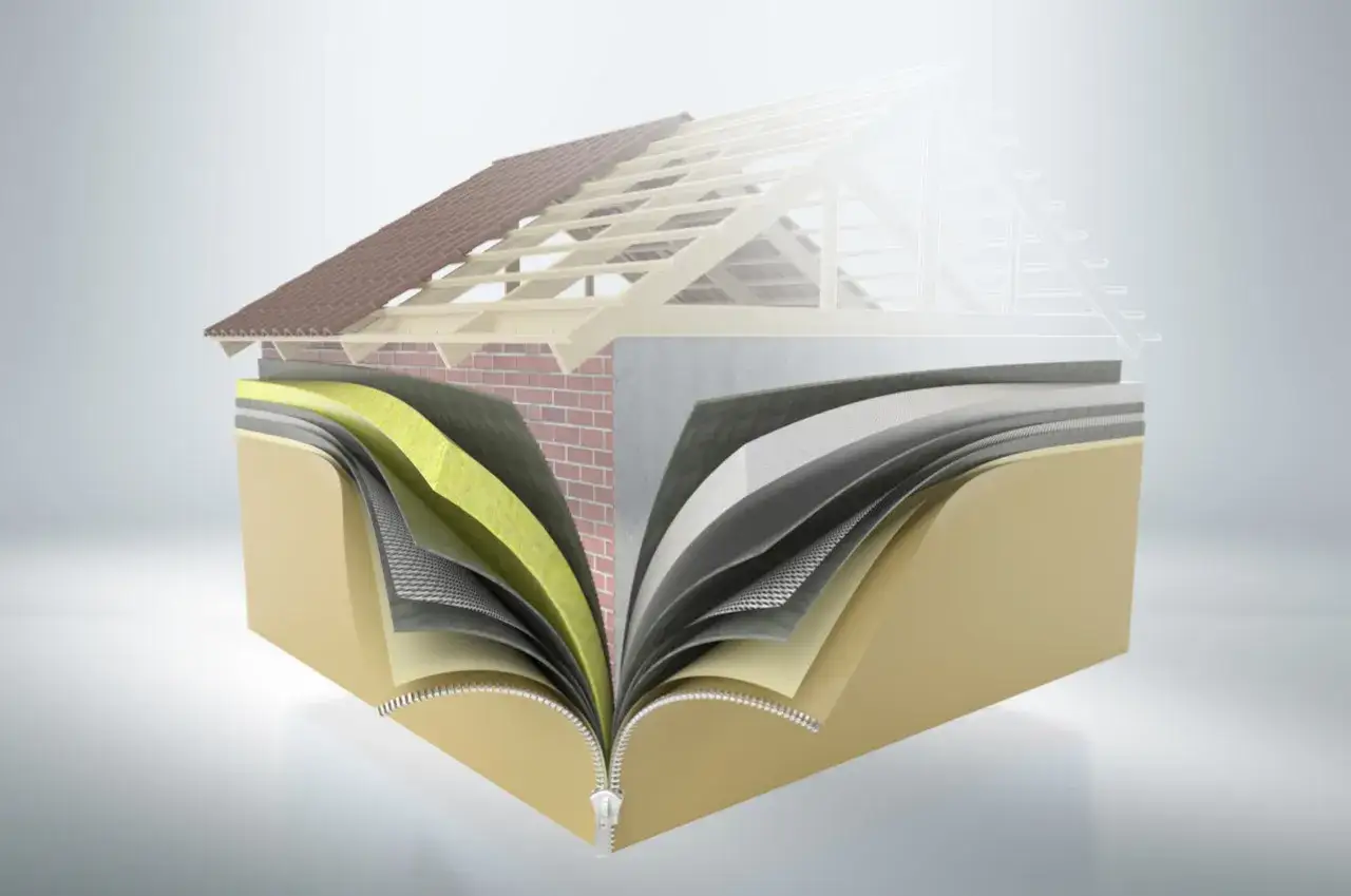 Corte de una casa que muestra capas de aislamiento y materiales de construcci&oacute;n, ilustrando el coeficiente aislamiento termico.