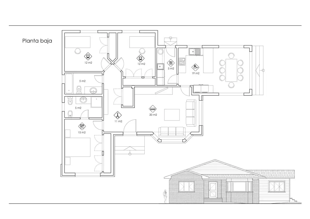 Plano de planta baja de una casa con orientación norte. Incluye salón, cocina-comedor, tres dormitorios y dos baños.