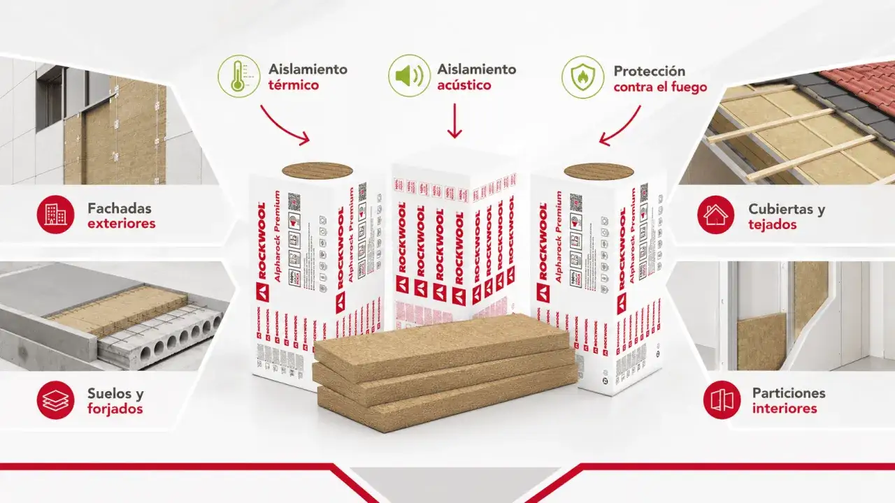 La lana de roca aislante ROCKWOOL es ideal para fachadas exteriores, suelos, cubiertas y particiones interiores, ofreciendo aislamiento térmico, acústico y protección contra el fuego.