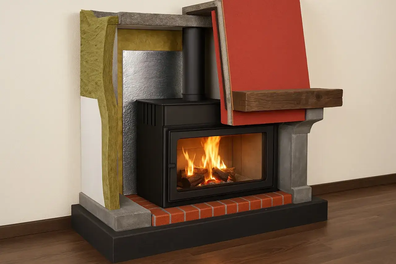 Chimenea moderna con fuego encendido. Se aprecian capas de aislamiento, incluyendo lana de roca, que es inflamable, y materiales reflectantes.