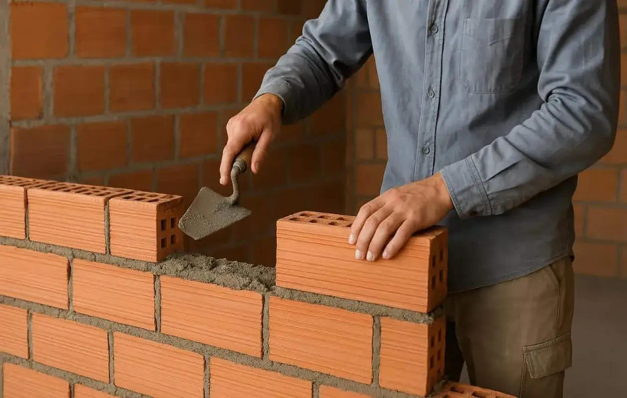 Alba&ntilde;il colocando ladrillos huecos, mostrando diferentes tipos de tabiques de ladrillo en construcci&oacute;n.
