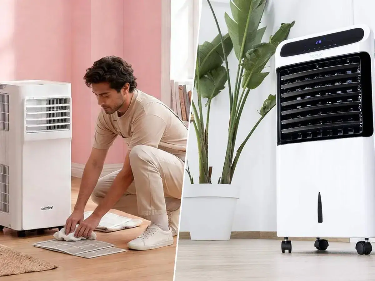 Un hombre limpia el filtro de un climatizador evaporativo. A su lado, otro climatizador con una planta.