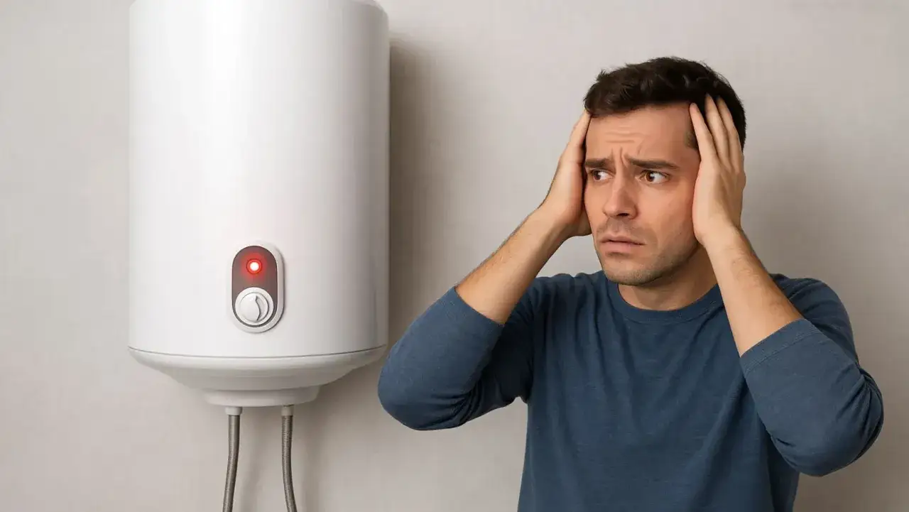 Hombre preocupado mira un termo con la luz roja encendida, indicando que la luz del termo no se apaga.