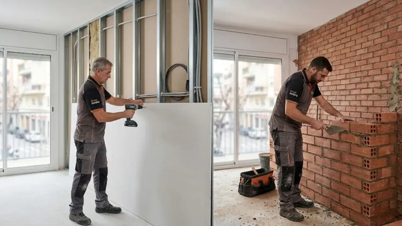 Un obrero instala pladur, mientras otro levanta una pared de ladrillo.