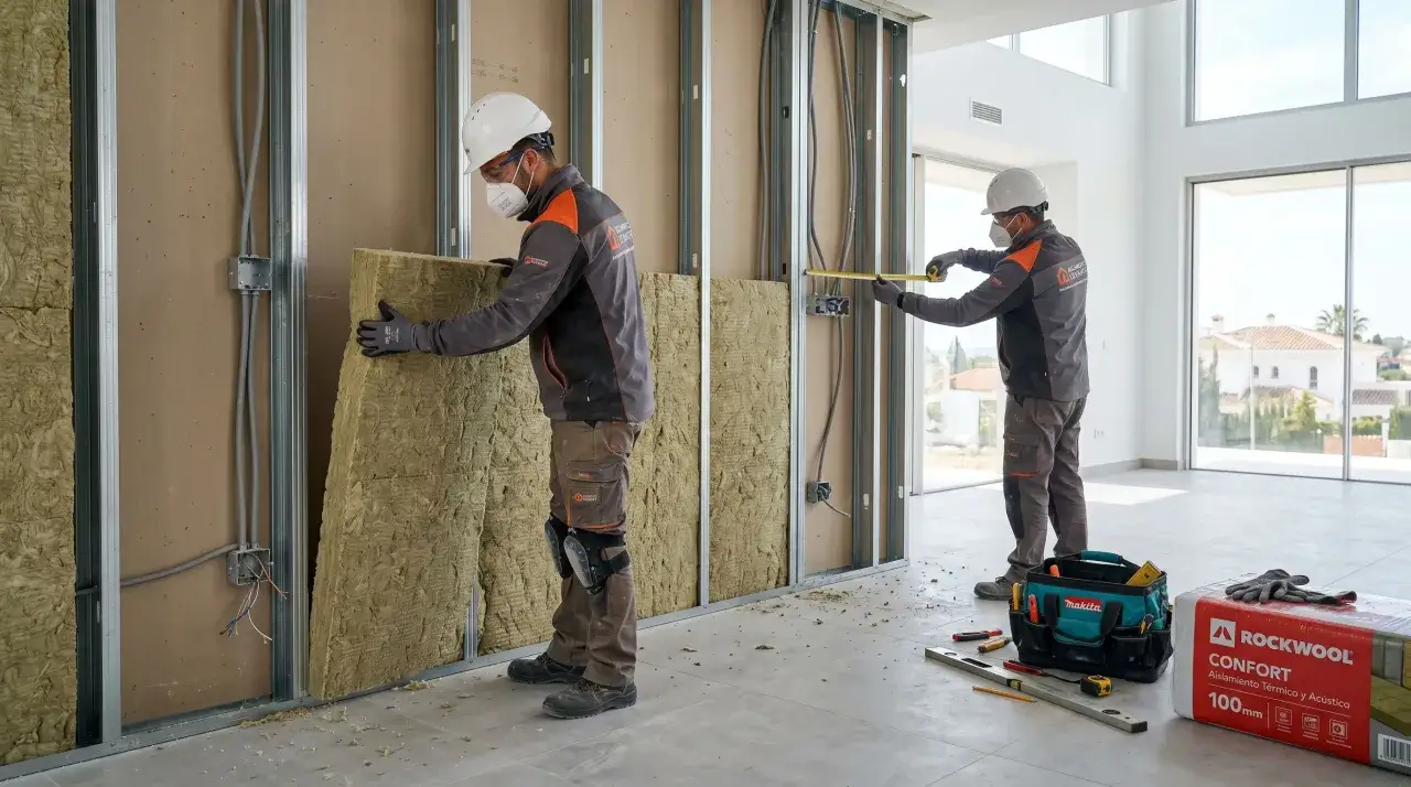 Dos obreros instalan aislamiento de lana de roca en una pared interior. Se ven herramientas y una caja de Rockwool.