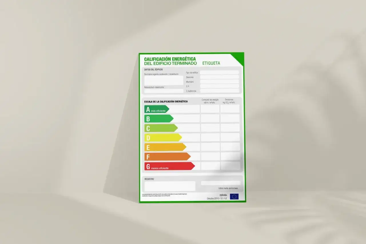 Etiqueta de calificación energética de viviendas, mostrando la escala de eficiencia de A (más eficiente) a G (menos eficiente).