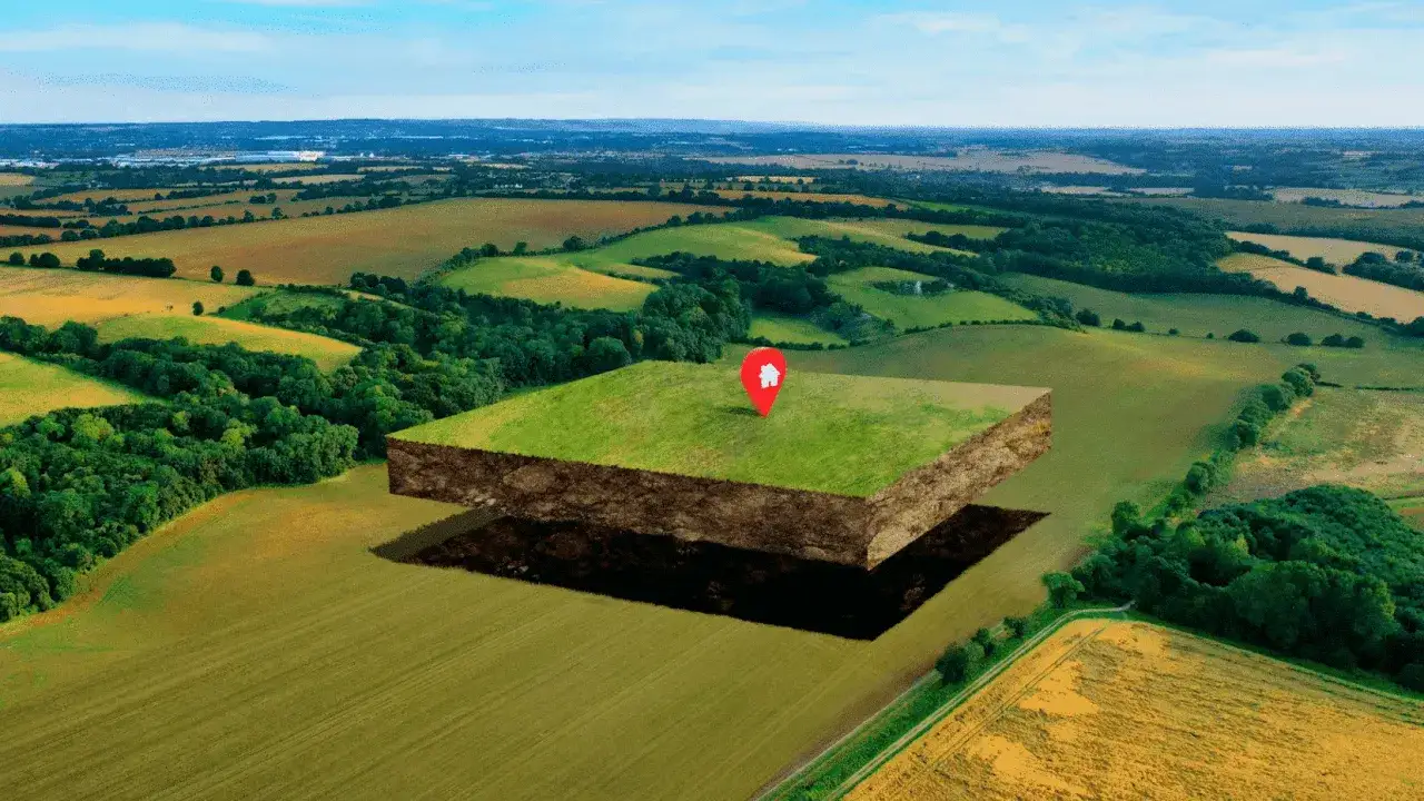 Un trozo de tierra flotante con un marcador de ubicación de casa, ideal como superficie edificable en un paisaje rural.