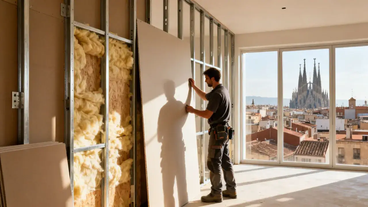 Obrero instala panel de yeso en estructura metálica. Así se ve como saber si una pared es de pladur: se ve la estructura y el aislamiento.