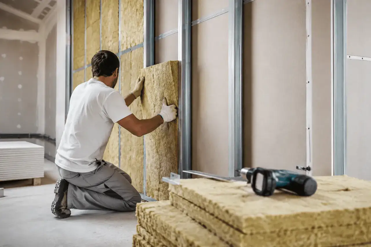 Un obrero instala paneles de lana mineral, un material aislante, en una pared en construcción.