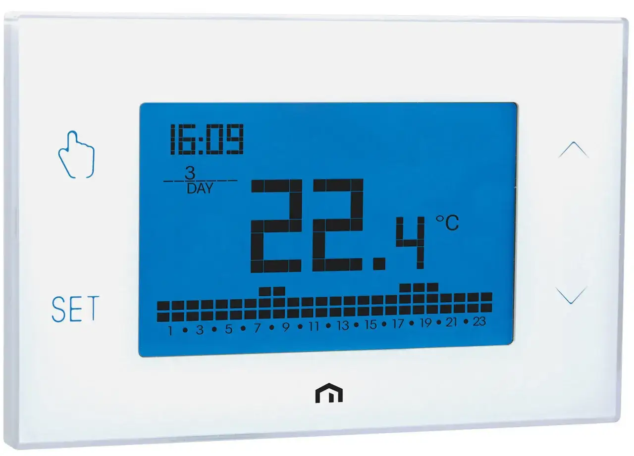 Termostato digital muestra 22.4&deg;C, ideal para controlar la temperatura caldera agua y calefacci&oacute;n.