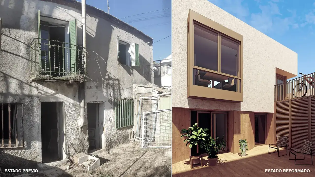 Antes y después de un proyecto llave en mano: una casa en ruinas se transforma en una vivienda moderna y luminosa con terraza.