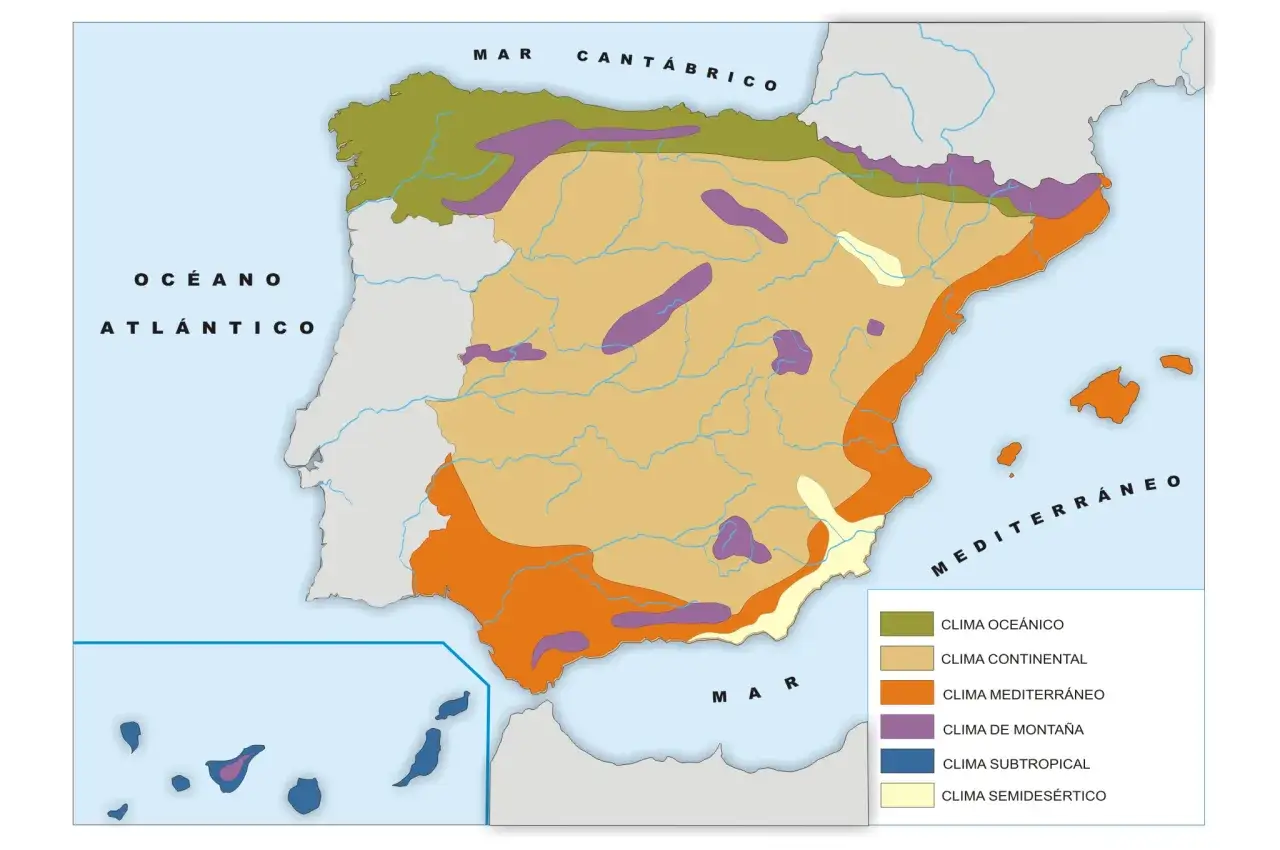 Mapa de Espa&ntilde;a y Portugal mostrando las zonas clim&aacute;ticas. Se distinguen climas oce&aacute;nico, continental, mediterr&aacute;neo, de monta&ntilde;a, subtropical y semides&eacute;rtico.