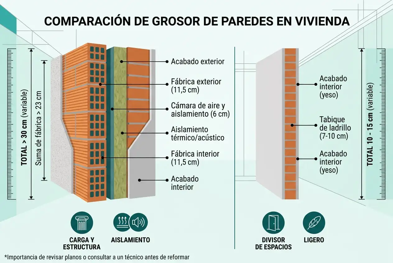 Comparación de grosor de paredes: una muestra el grosor de tabique entre viviendas con aislamiento, la otra un divisor de espacios ligero.