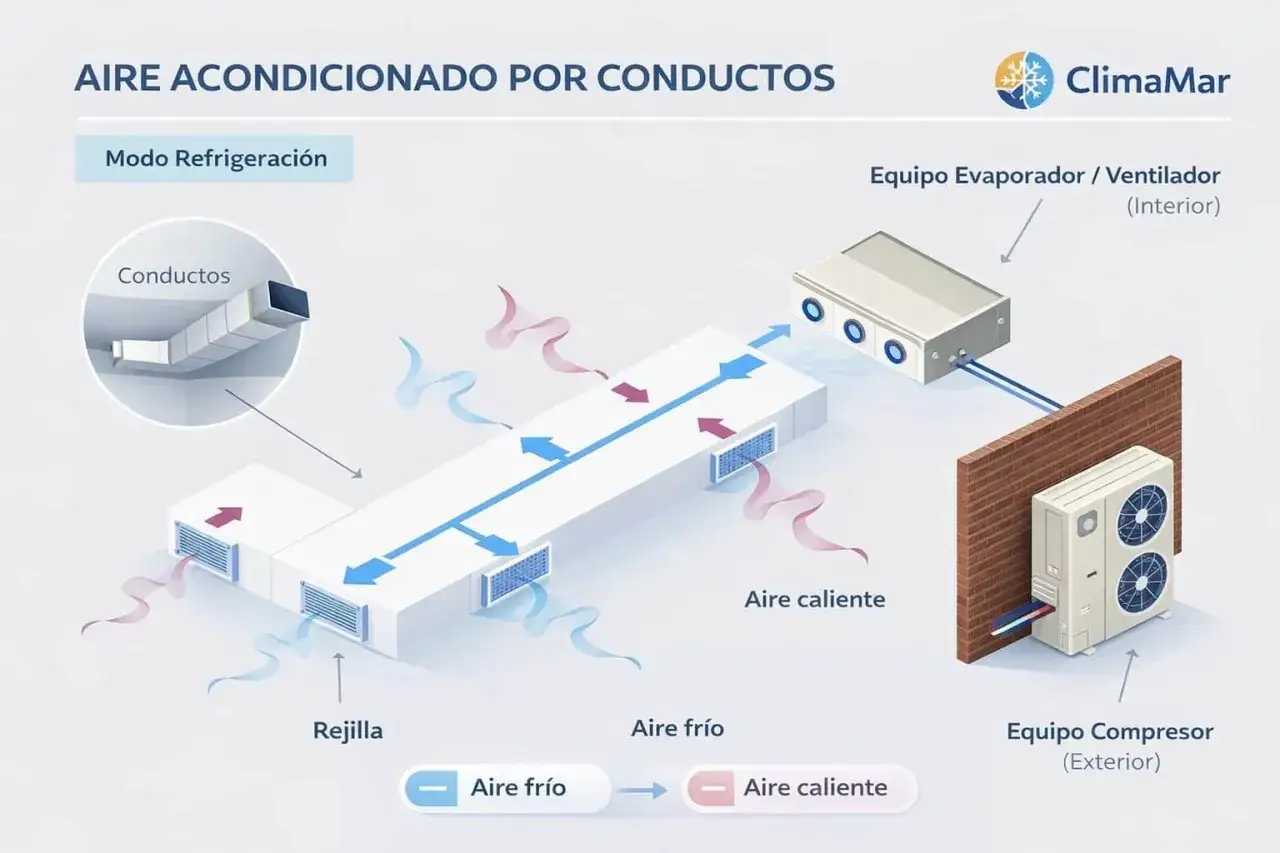 Esquema de aire acondicionado por conductos en modo refrigeración. Muestra el equipo interior y exterior, conductos, rejillas y flujo de aire frío y caliente.
