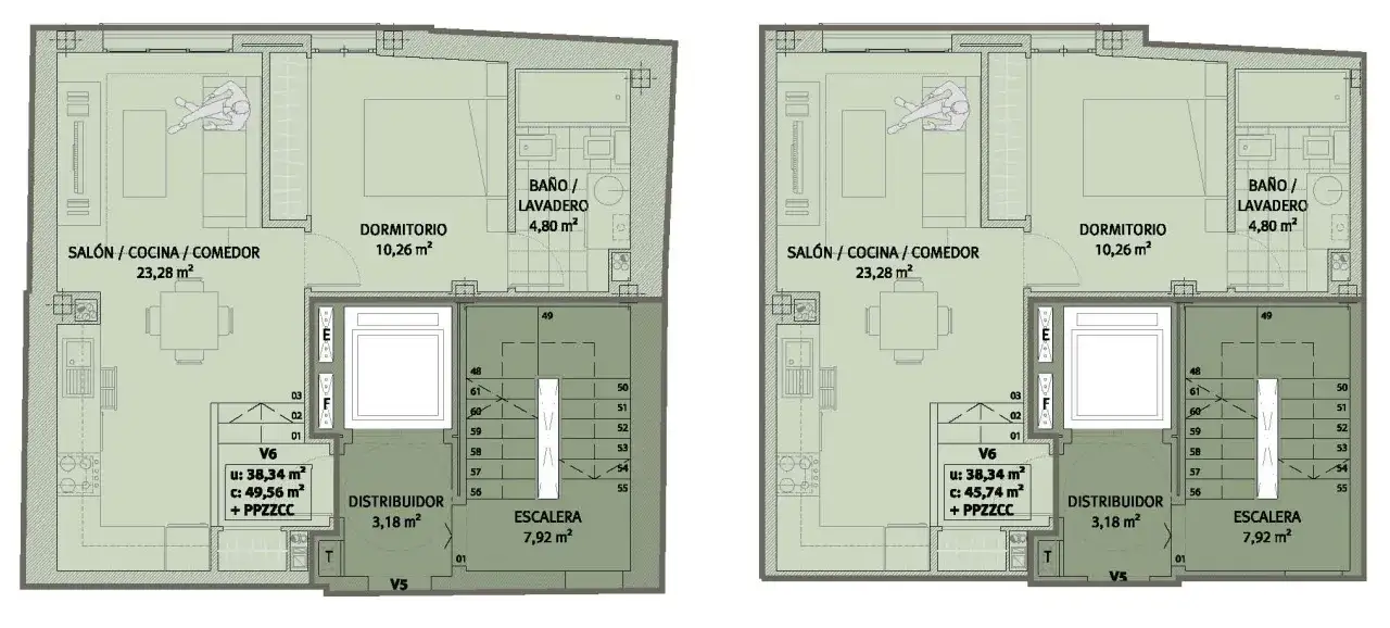 Plano de una vivienda con salón-cocina-comedor, dormitorio, baño/lavadero y distribuidor. La superficie construida del edificio se distribuye en varias plantas.
