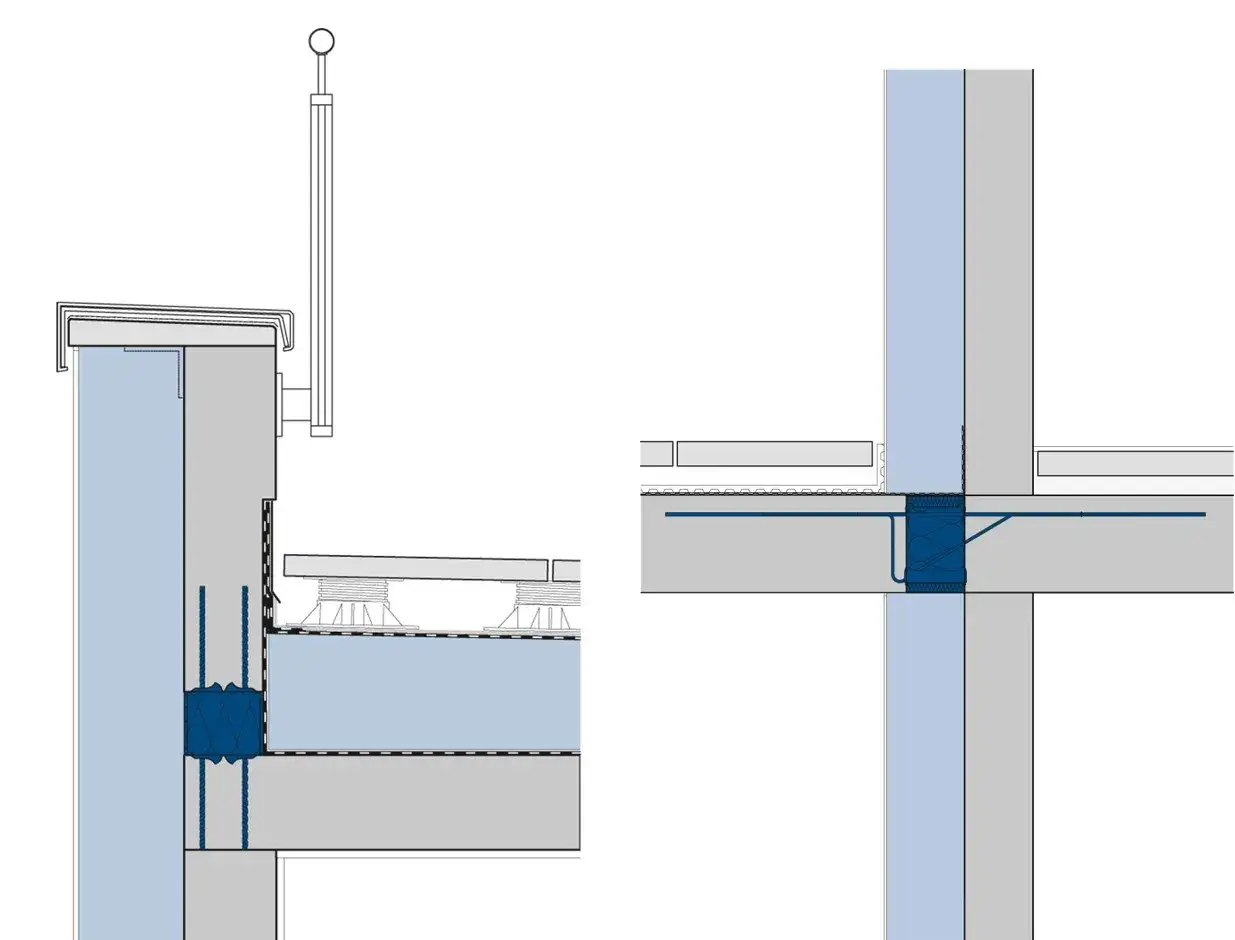 Detalle constructivo de aislamiento en junta, evitando el puente t&eacute;rmico. Se aprecian capas de hormig&oacute;n y aislamiento.