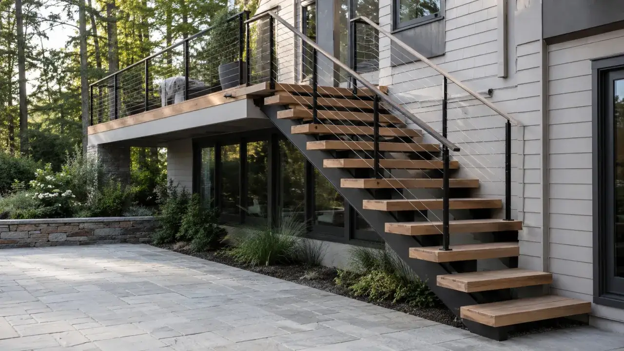 Escalera moderna con pelda&ntilde;os de madera y una balaustrada de cables de acero que rodea la terraza.