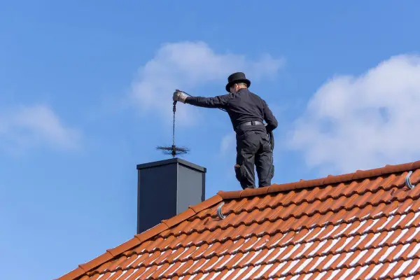 Deshollinador chimenea casero, con sombrero y traje negro, limpia la chimenea desde el tejado.