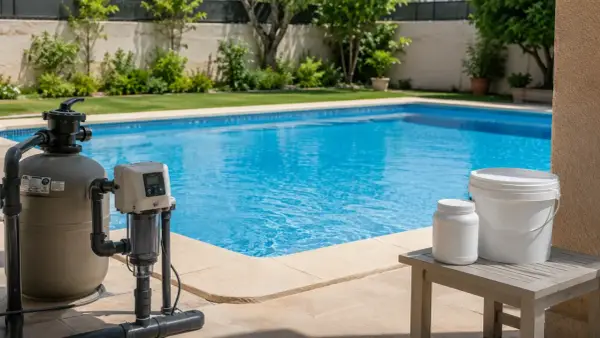 Sistema de filtración y depósitos blancos junto a una piscina azul, ilustrando como funciona una piscina de sal.