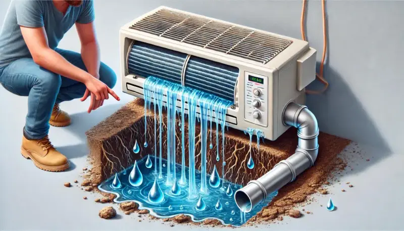 Unidad interior de aire acondicionado gotea agua. Un hombre señala la fuga mientras el agua cae sobre tierra y raíces.
