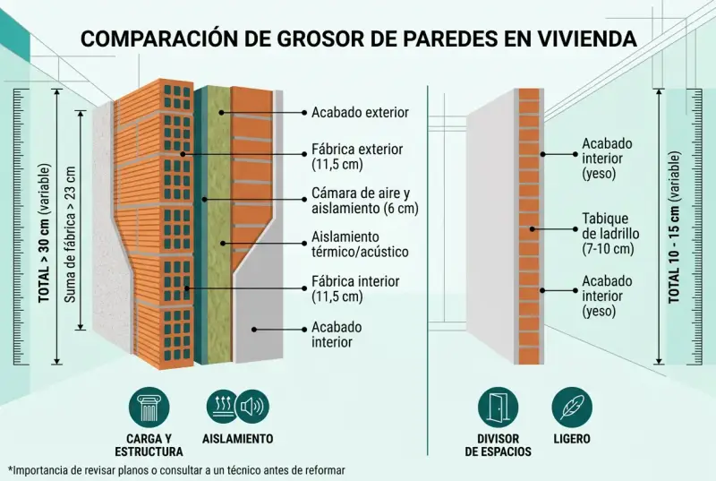 Comparación de grosor de paredes. Muestra el grosor de tabique entre viviendas, con capas de aislamiento y fábrica.